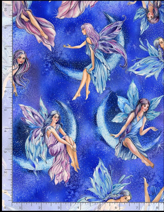 Sparkling Fairies-Fairy Soirée Collection-Metallic Silver-Moon-Timeless  Treasures-Sky-Blue-CM8861-100% cotton-Cut to Size