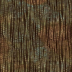 May include: Abstract pattern with vertical lines of small brown, beige, and blue dots on a dark brown background.