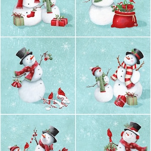 May include: A fabric panel featuring six distinct illustrations of snowmen on a light blue background with snowflakes. The snowmen wear black top hats and colorful scarves, interacting with red cardinals, wrapped gift boxes, and holiday greenery.