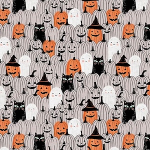 May include: A Halloween-themed pattern featuring a variety of pumpkins, ghosts, black cats, and witch hats. The pumpkins are orange and white, the ghosts are white, the cats are black, and the hats are black with pointy tops.