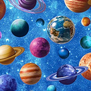 May include: A fabric pattern featuring a vibrant outer space scene with a deep blue starry background. Various planets are scattered throughout, including ringed planets, a detailed Earth, and spheres in shades of orange, purple, and blue.
