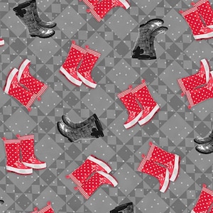 May include: A seamless pattern featuring red and black rain boots with white polka dots on a gray background with a diamond pattern.