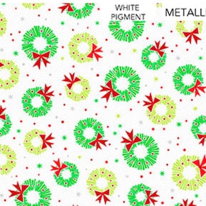 May include: A seamless pattern featuring green and yellow wreaths with red bows on a white background. The text "WHITE PIGMENT" and "METALLIC" are at the top of the image.