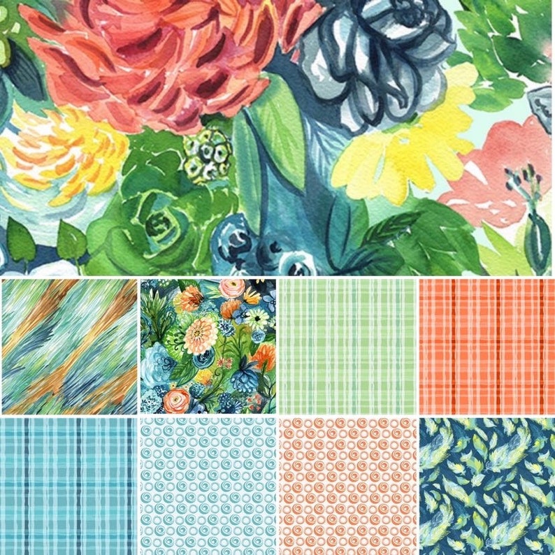 May include: A collection of nine fabric swatches featuring various patterns. The swatches include a blue and green watercolor floral pattern, a blue and green striped pattern, a peach and white checkered pattern, a blue and green plaid pattern, a blue and white polka dot pattern, a peach and white polka dot pattern, a blue and green abstract pattern, a blue and green floral pattern, and a blue and green feather pattern.
