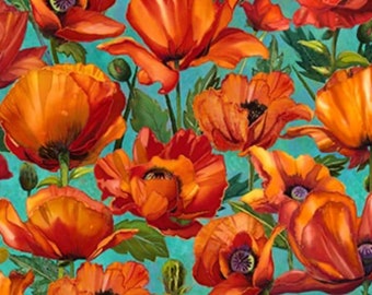 Poppies-Turquoise-Orange-Charisma Collection-Northcott Fabrics-Nancy Dunlop Cawdrey-100% Quilting Cotton-DP25562-68-Cut to size