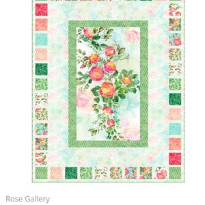 May include: A floral quilt featuring a central design of pink and orange roses with green leaves. The quilt has a light blue background with a green border and a patterned edge with squares of various colors and floral patterns. The text "Rose Gallery" and "PTNP112" are at the bottom.