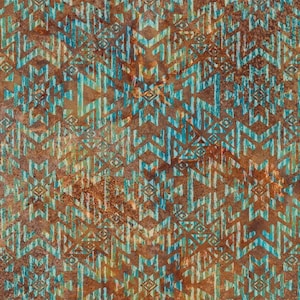 May include: Abstract pattern with a distressed look. The design features geometric shapes in shades of turquoise and brown, creating a textured, aged appearance. The pattern is reminiscent of tribal or Southwestern art.