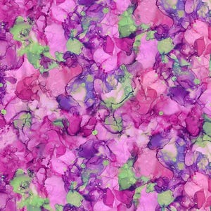 May include: Abstract floral pattern in shades of pink, purple, and green. The design features a watercolor effect with overlapping shapes and a mottled texture. The color palette includes various shades of pink, magenta, and purple, with accents of green.