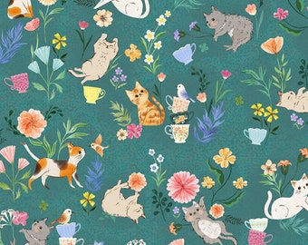 Cats In The Garden-Garden Party-Teal-Vivian Yiwing-Windham Fabrics-100% Cotton-53851-1-Cut to Size