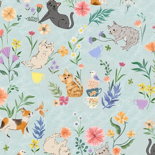 Cats In The Garden-Garden Party-Mint-Vivian Yiwing-Windham Fabrics-100% Cotton-53851-2-Cut to Size