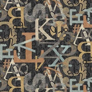 May include: A seamless pattern featuring a variety of letters and numbers in different colors and textures. The letters and numbers are layered on top of each other, creating a chaotic and abstract design. The background is a dark gray color.