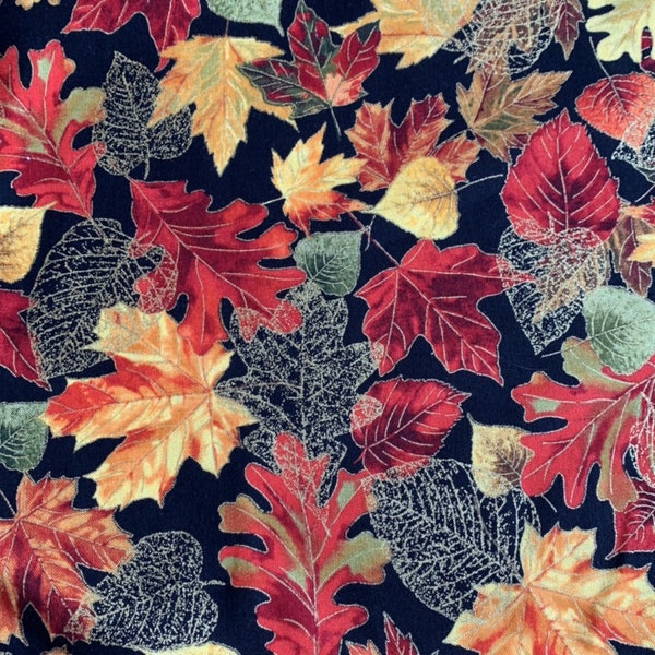 Fall Glory Harvest Leaves Packed-Metallic Gold-by Timeless Treasures-Orange Red Yellow Green Brown Black-100% Cotton-CM8546-Cut to size