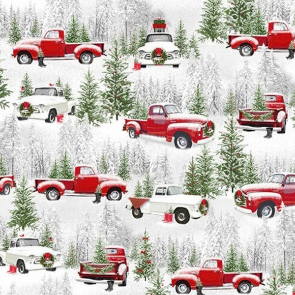 Tradition Continues II-Medium All Red and White Trucks Gray-Henry Glass-Holiday Greetings-Country Christmas-100% Cotton-Cut to Size-9728-98