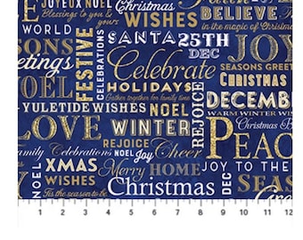 Palabras navideñas - Azul índigo - Dorado metalizado - Colección Christmas Joy - Stonehenge - Northcott Fabrics - 100 % algodón - 24775 M-46 - Corte a medida