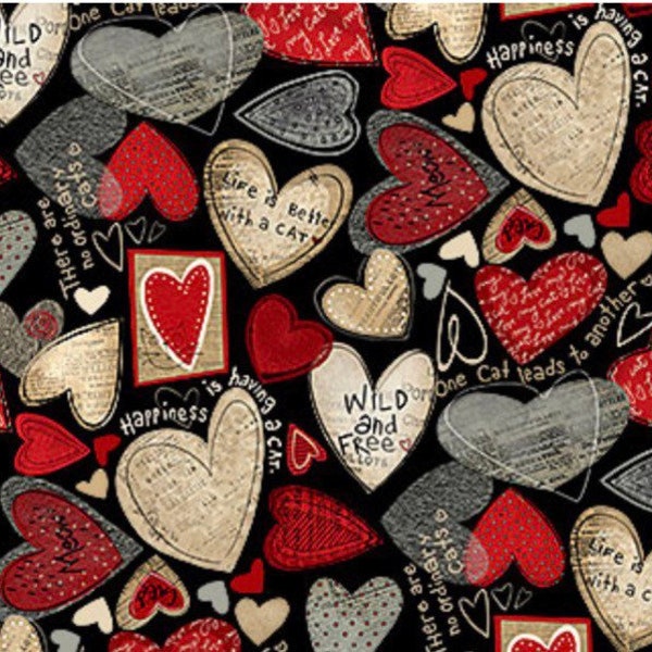 Hearts Toss-No Ordinary Cats Collection-Northcott-Black Red Gray Cream-Quilting Cotton-24406-99-Cut to size