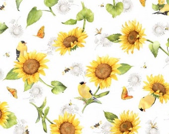 Sunflowers Birds and Butterflies-White-Sunflower Fields Collection-Farm Fresh-P&B Textiles-100% Cotton-SFIE4785YY-Cut to Size