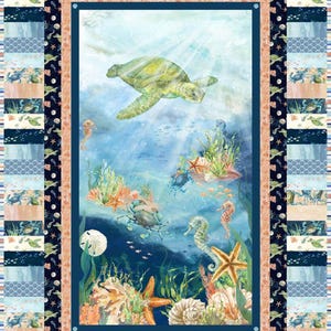 May include: A fabric panel featuring an underwater scene with a sea turtle, seahorses, starfish, and coral. The design is framed by a border of blue and white stripes and marine life patterns. The color palette includes shades of blue, green, and orange.