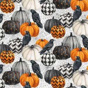May include: A repeating pattern of pumpkins, ravens, and spiderwebs. The pumpkins are in shades of orange, black, and white, with various designs. Black ravens perch on top of the pumpkins. The background is a white spiderweb.