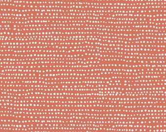 May include: A seamless pattern with a terracotta background and white polka dots.