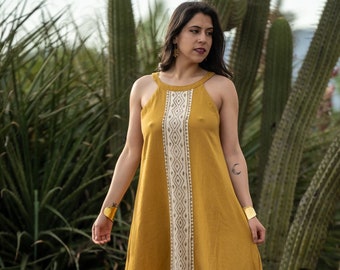 Cotton Maxi Dress, Hand Block Printed Indian Dress, Mustard Yellow Boho Dress, Sleeveless Summer Dress, Long 52 Inch Dress