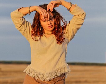 Top van bohokatoen met franjes | Festivalshirt met lange mouwen
