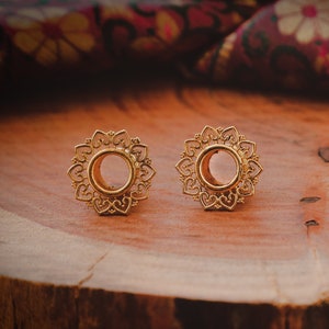 Flower Tunnel Earplugs | Gauged Earring | | Brass Tunnel | Plug | Brass Ear Plugs | Stretch Ear Plug | Gauge Jewelry | SOLD as a PAIR