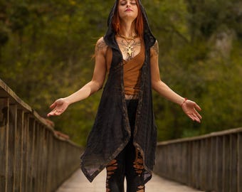 Unisex Hooded Festival Vest | Shipibo Print Boho Psywear Layering Cloak
