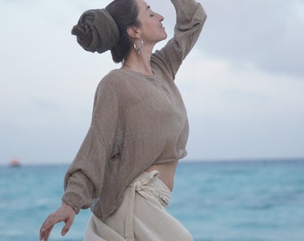 Tropical Breeze Knit Top | Boho Top | Jute Short Top | Long Sleeve Raw Cotton Top | Natural Cotton Top | Festival Top
