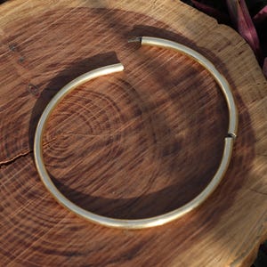 May include: A gold-colored, open-ended collar necklace. The necklace is a simple, curved design with a slight gap at the front. It rests on a wooden surface with a natural grain, with green and purple foliage in the background.