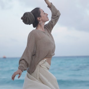 Tropical Breeze Knit Top | Boho Top | Jute Short Top | Long Sleeve Raw Cotton Top | Natural Cotton Top | Festival Top