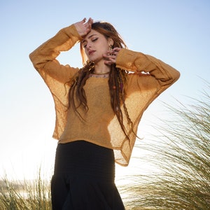 Tropical Breeze Knit Top | Boho Top | Jute Short Top | Long Sleeve Raw Cotton Top | Natural Cotton Top | Festival Top