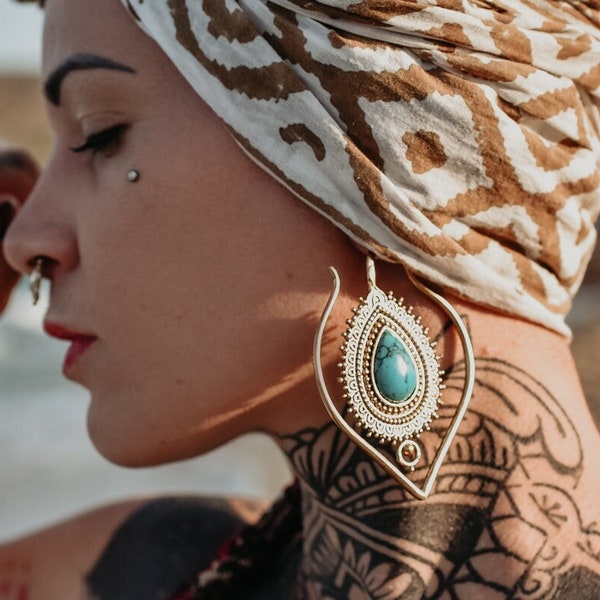 Brass Turquoise Earrings |Tribal Earrings | Large Gold Earrings Tribal Bohemian Jewelery