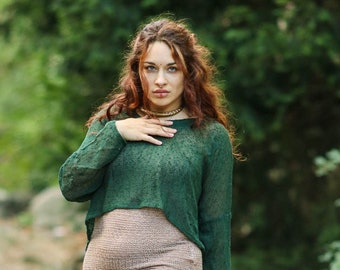 Gebreide top met Tropical Breeze | Boho-top | Korte top van jute | Top van onbewerkte katoen met volledige mouw | Top van natuurlijk katoen | Festivaltopje