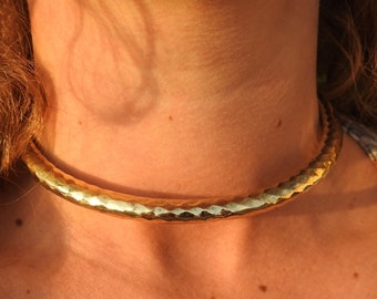 Brass Torque Choker, Adjustable Boho Collar Necklace, Simple Statement Jewelry