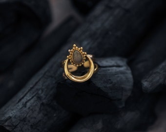 Labradorite Crescent Moon Ring | Adjustable Brass CZ Jewelry