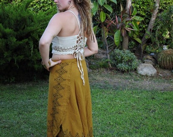 Hand Block Print Cotton Wrap Skirt | Olive Green Tribal Boho