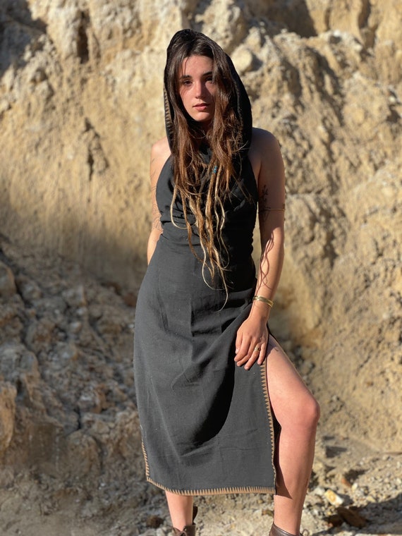 Raw Cotton Hooded Dress | Bohemian Backless Summer Dress