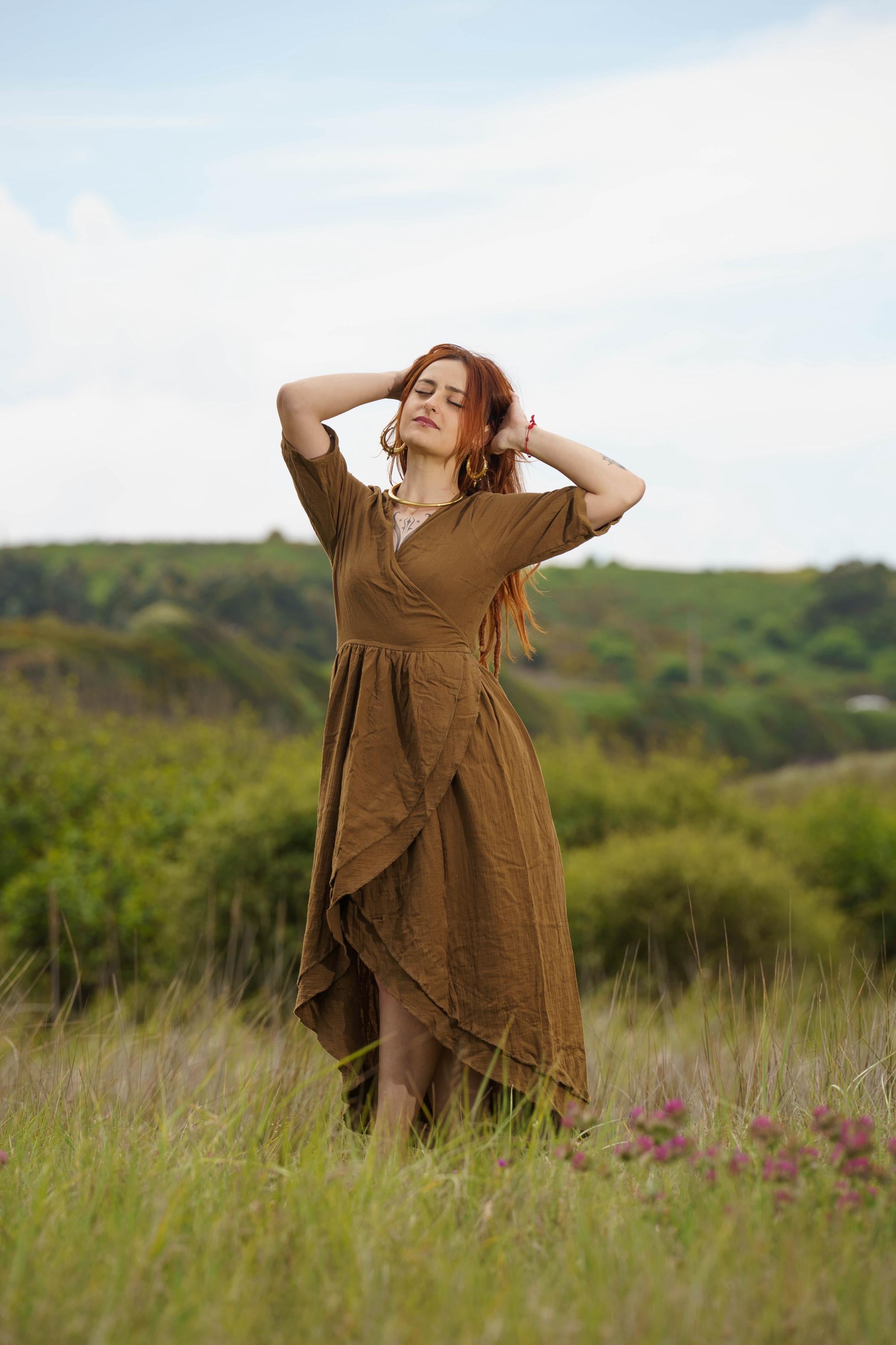 Conjuring Chambray Charm Linen Maxi Shirt Dress Olive Green