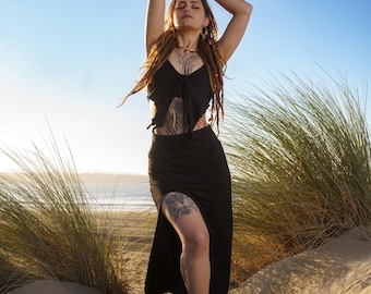 Mystic Black Skirt/Top Set | Silhouette Skirt | Cut-out Halter Set| Black Viscose Skirt-Top Set | High Slit Skirt | Halter Top.