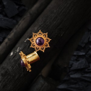 Ear Plugs | Amethyst Ear Plug | Brass Ear Plugs | Stretch Ear Plug | Gauge Jewelry | SOLD INDIVIDUALLY