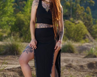 Boho High Slit Skirt – Festival Wrap Skirt with Faux Leather Trim – Adjustable Waist – Dance Skirt – Black Side Slit Skirt – 33" Length
