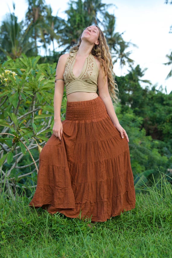 Rust Boho Maxi Skirt – Double Gauze Cotton Tiered Skirt, Elastic Waist Long Skirt, Flowy Bohemian Summer Skirt