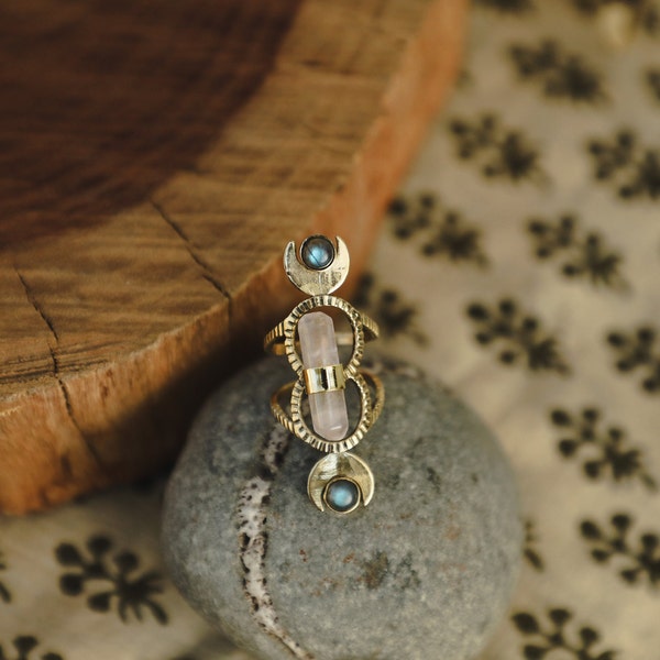 Double Sided Moon Ring | Handmade Ring | Tribal Brass Ring | Handcarved Ring | Labradorite Ring | Crystal Ring | Quartz Ring | Indian Ring