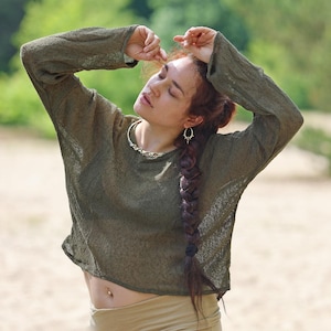 Tropical Breeze Knit Top | Boho Top | Jute Short Top | Long Sleeve Raw Cotton Top | Natural Cotton Top | Festival Top
