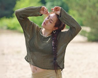 Tropical Breeze Knit Top | Boho Top | Jute Short Top | Long Sleeve Raw Cotton Top | Natural Cotton Top | Festival Top