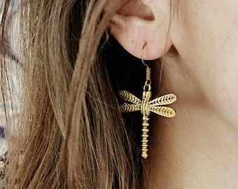 Brass Dragonfly Dangle Earrings – Boho Nature-Inspired Jewelry