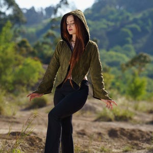 Boho Elf Hoodie Jacket – Cotton Corduroy Pixie Coat – Festival Clothing – Fairycore Winter Outerwear – Tribal Bohemian Hooded Jacket