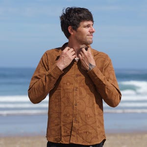 Shipibo Print Shirt for Men | Raw Cotton Long Sleeve Shirt | Ethnic Tribal Pattern Shirt | Natural Brown Shirt | Boho Festival Wear | S M L