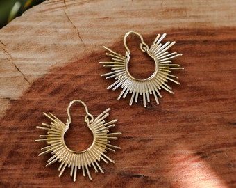 Sunburst Earrings | 32mm Brass Sun Earrings | Boho Statement Dangle Earrings | Celestial Festival Jewelry