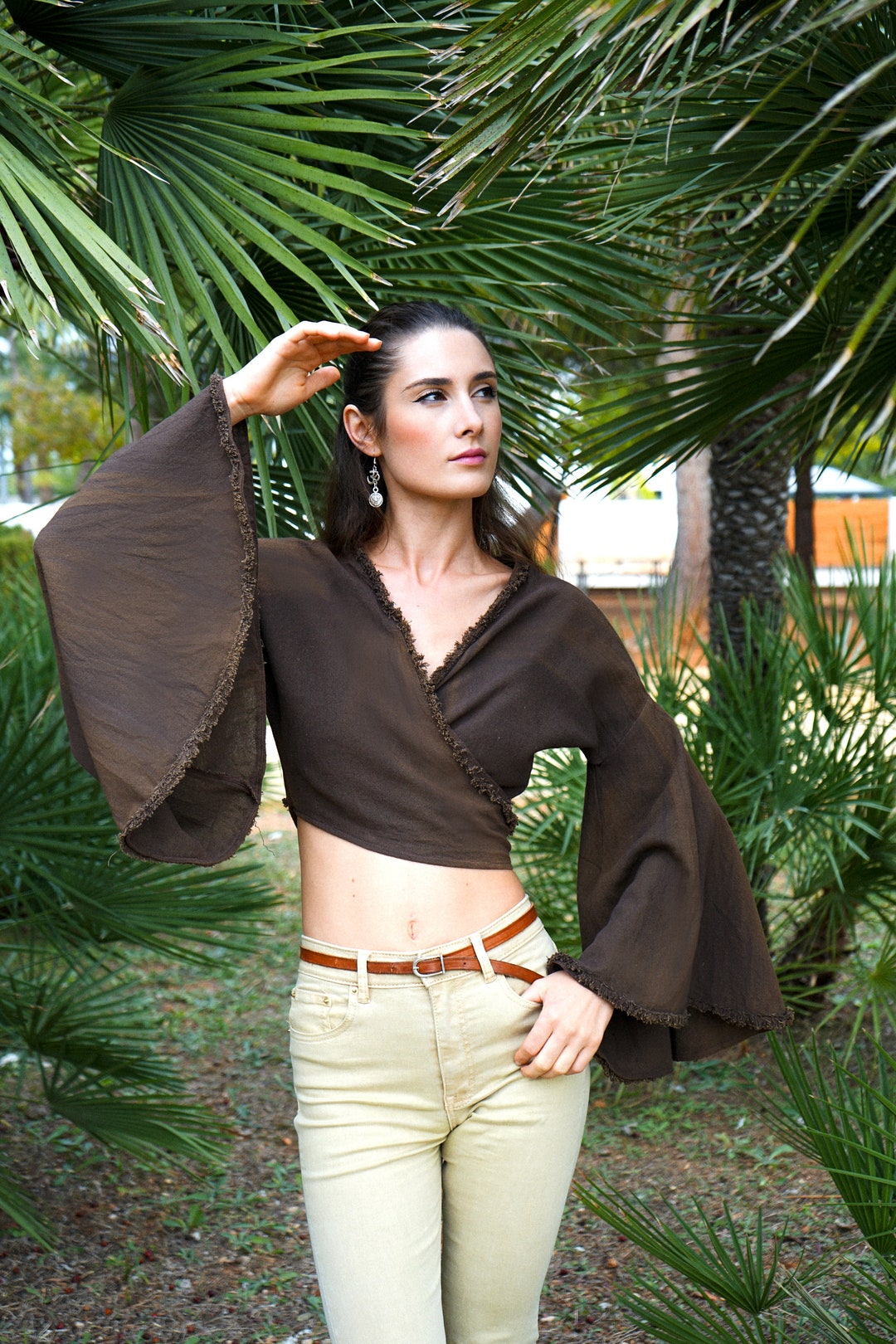Bell Sleeve Cotton Crop Wrap Top | Chocolate Brown Boho Cardigan